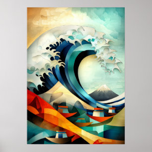 Póster La Gran Ola frente a Kanagawa - Cubista Minimalist