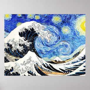 Póster La Gran Ola Fuera de Kanagawa en Noche estrellada