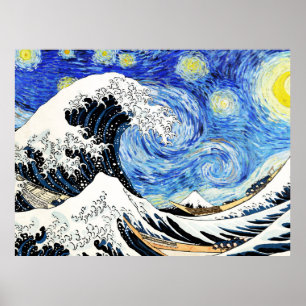 Póster La Gran Ola Fuera de Kanagawa en Noche estrellada