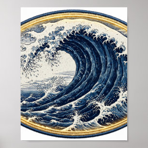 Póster La Gran Ola Indigo — Estilo Grabado en Madera