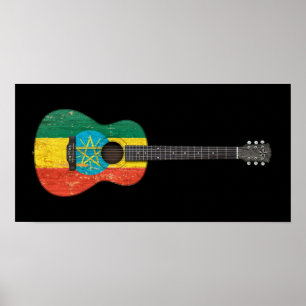 Póster La guitarra acústica de la bandera etíope, negra
