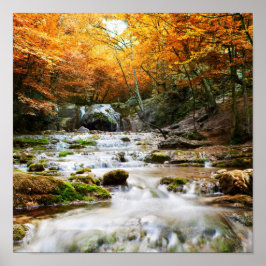 Póster La hermosa cascada en el bosque, otoño
