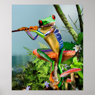 Póster La humorística rana de árbol jugando a la flauta