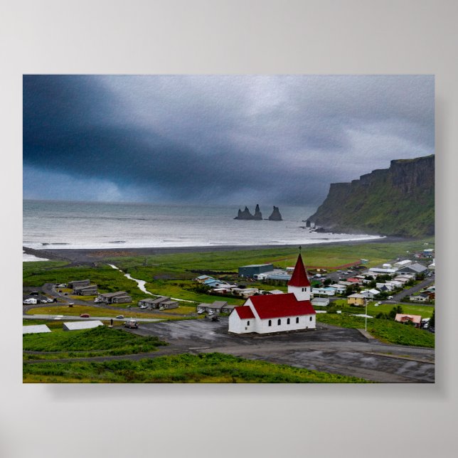 Póster La iglesia de Vik y la playa negra (Frente)