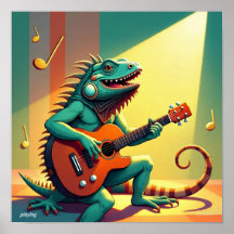 La iguana estrella de rock juega un instrumento