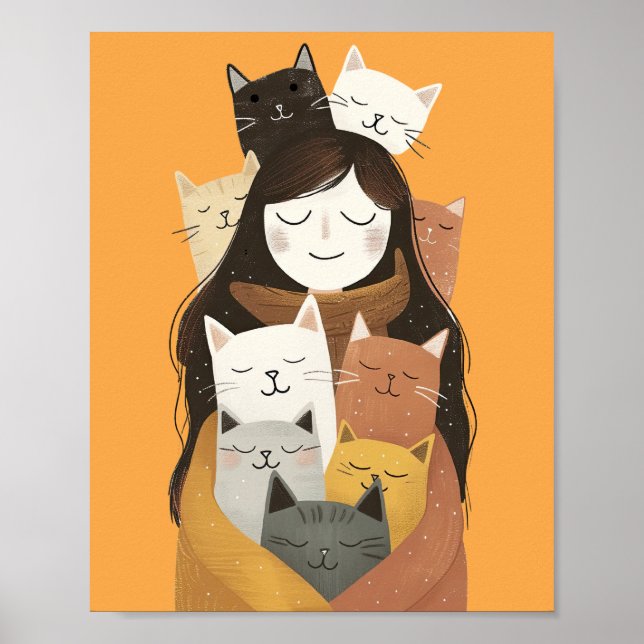 Póster La loca dama de gato con gatos cortos amarillo (Frente)