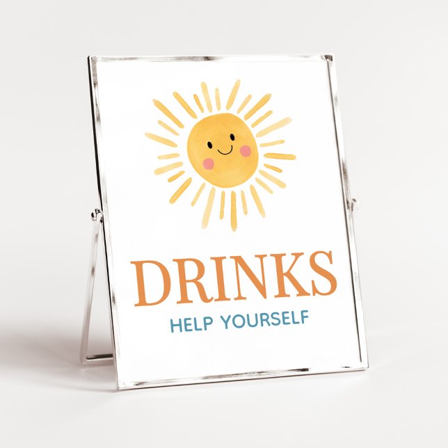 Póster La luz del sol llega a las bebidas de Baby Shower  (Here Comes the Son Cute Sun Baby Shower Drinks Sign)