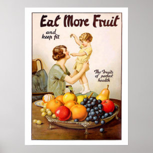 Póster La madre con su niño, come más fruta, vintage
