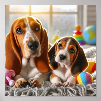 Póster La madre de Basset Hound y su cachorro