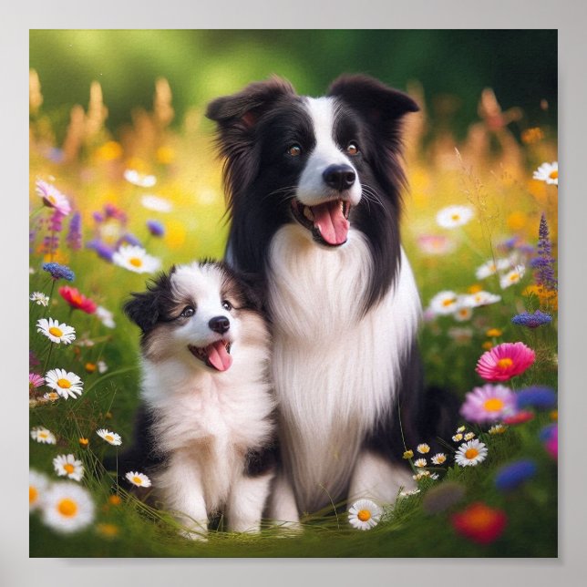 Póster La madre de Collie Fronteriza y su cachorro (Frente)