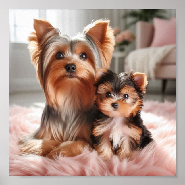 Póster La madre de Yorkshire Terrier y su cachorro (Frente)
