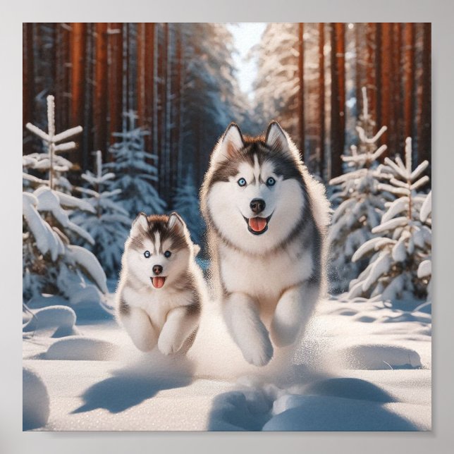 Póster La madre siberiana Husky y su cachorro (Frente)
