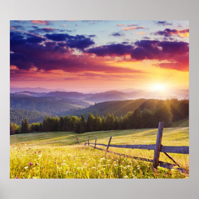 Póster La majestuosa puesta de sol en las montañas (Frente)