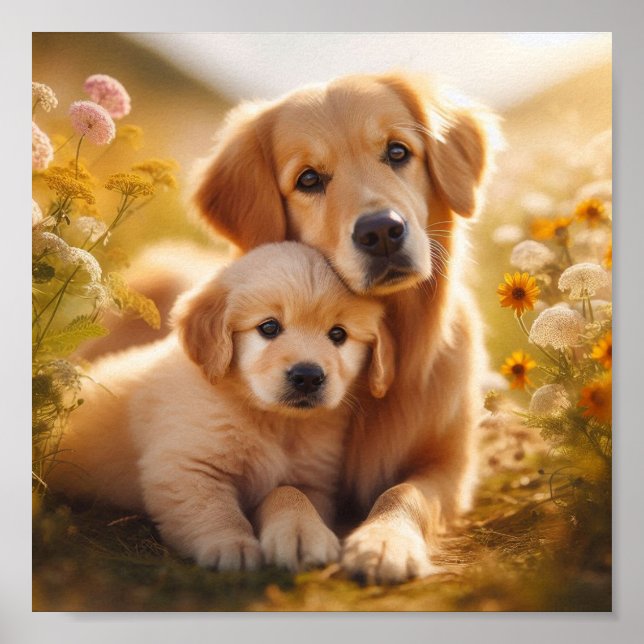 Póster La mamá de Golden Retriever y su cachorro (Frente)