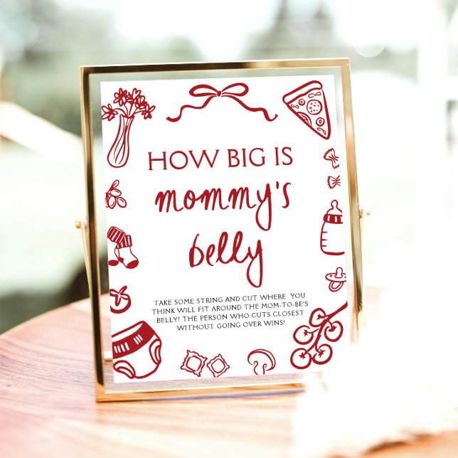 Póster La mano roja italiana se dibuja lo grande que es e (Red Italian Hand Drawn How Big Is Mommy's Belly Sign )