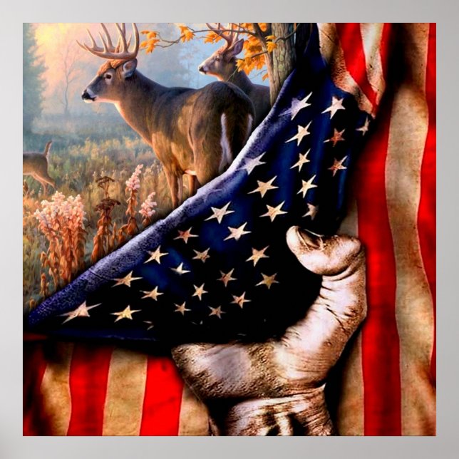 Póster La manta de la bandera norteamericana del ciervo, (Frente)