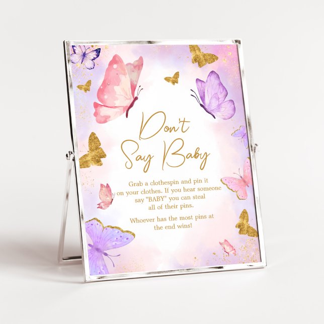 Póster La mariposa morada de oro rosado no dice bebé (Boho Butterfly Baby Shower Don't Say Baby Sign)