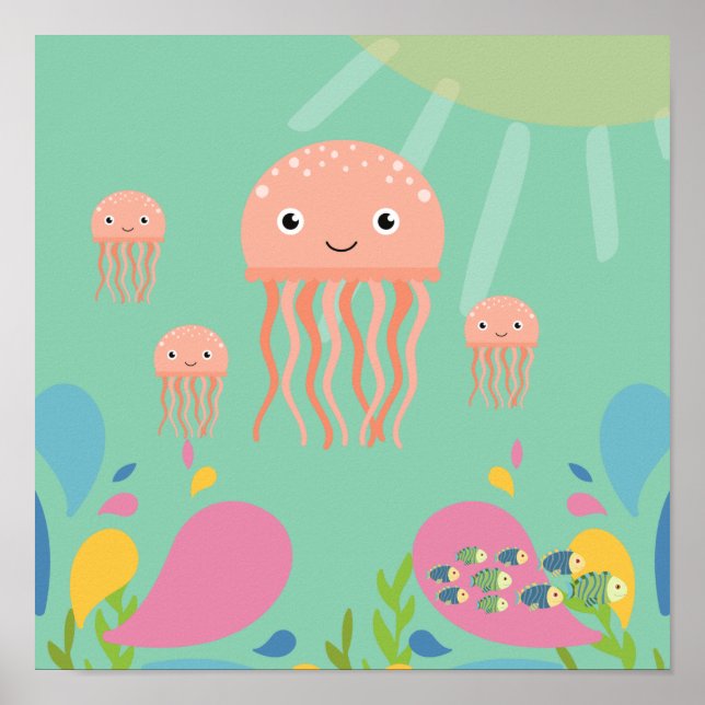 Póster La medusa adorable en el océano azul del bebé, (Frente)