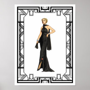 Póster La moda del traje de seda blanco y negro de los añ