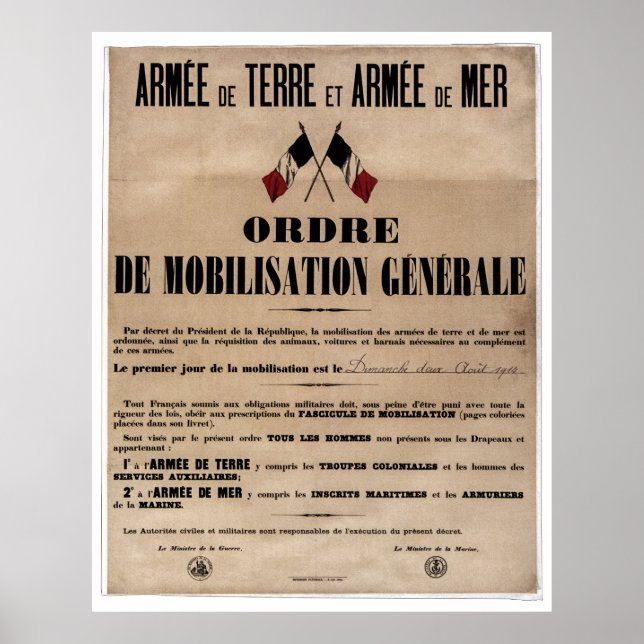 Póster La movilización en Francia el 1 de agosto de 1914 (Frente)