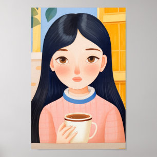 Póster La mujer feliz en el café