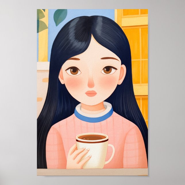 Póster La mujer feliz en el café (Frente)
