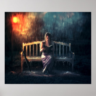 Póster La mujer leyendo libro en la lluvia