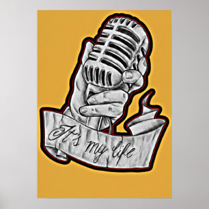 Póster La música es mi vida - Micrófono antiguo dibujado