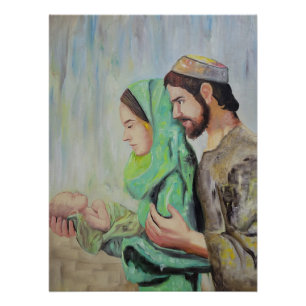 Póster La Natividad: Sagrada Familia con Jesús recién nac