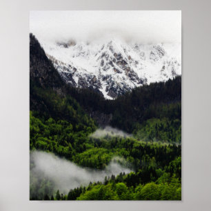 Póster La niebla rodando por el bosque bajo las montañas