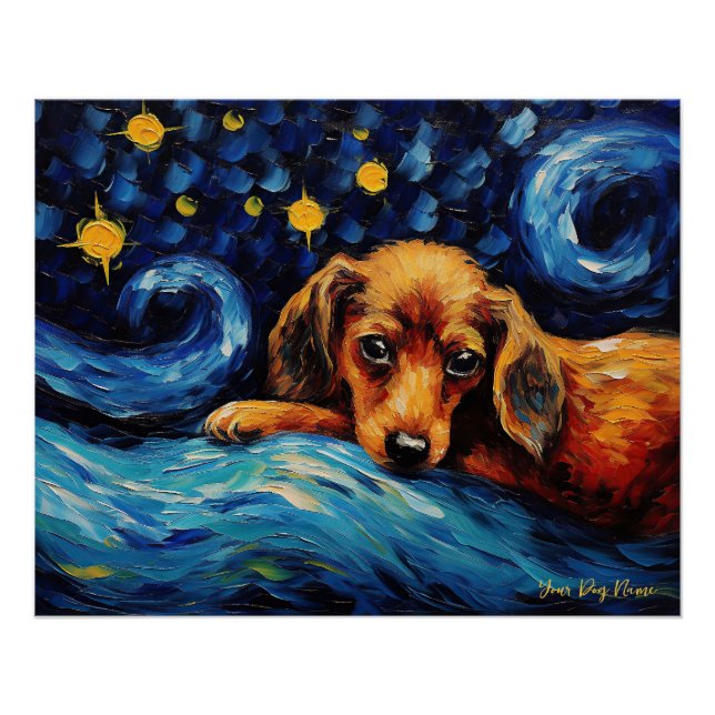 Póster La noche estrellada - Perro Dachshund 001 - Qian w (Anverso)