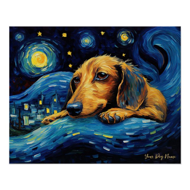 Póster La noche estrellada - Perro Dachshund 002 - Qian w (Anverso)