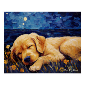 Póster La noche estrellada - Perro Golden Retriever 002 -