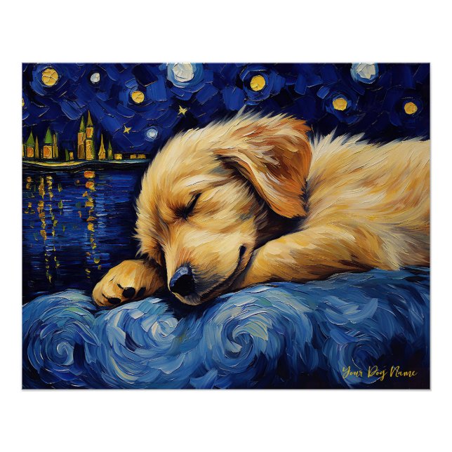 Póster La noche estrellada - Perro Golden Retriever 003 - (Anverso)
