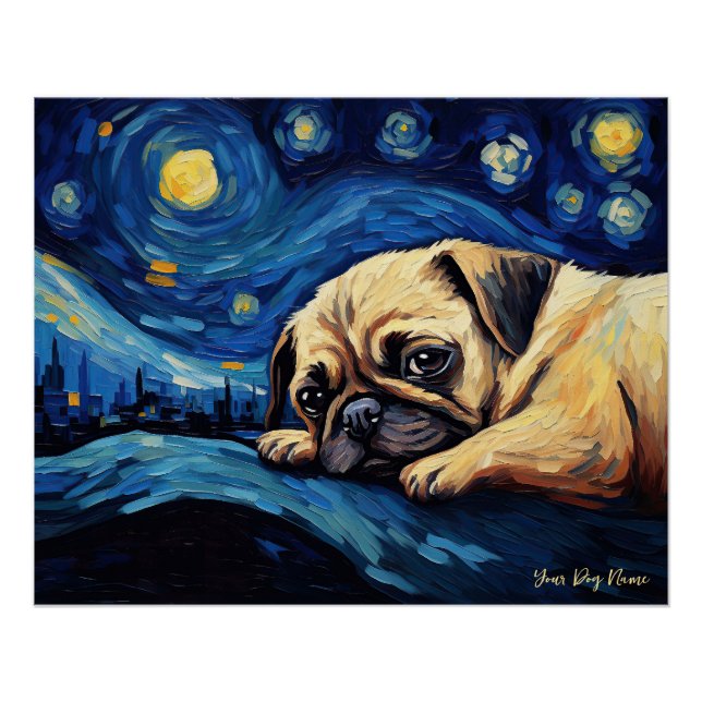 Póster La noche estrellada - Pug Dog 002 - Qian wan Gogh (Anverso)
