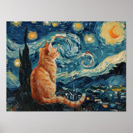 Póster La noche estrellada Vincent van Gogh con un gato