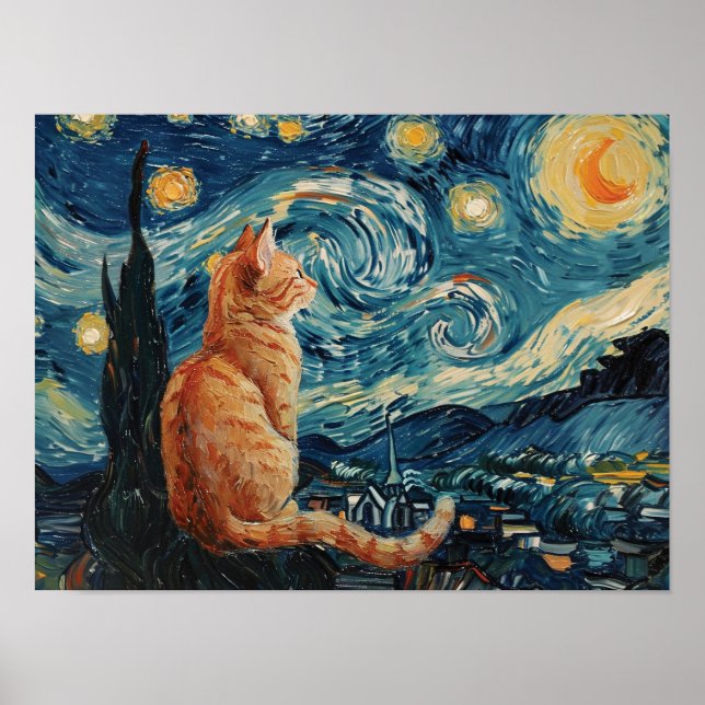 Póster La noche estrellada Vincent van Gogh con un gato (Frente)