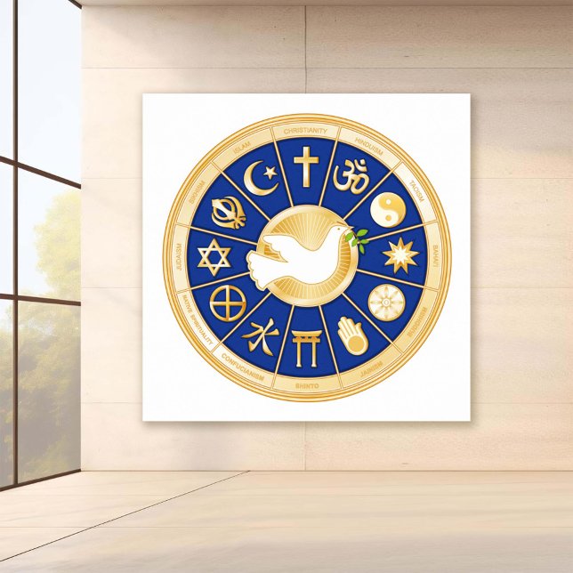 Póster La paloma de la paz (Dove of Peace inspirational world religions poster. Gold icons of world faiths. )
