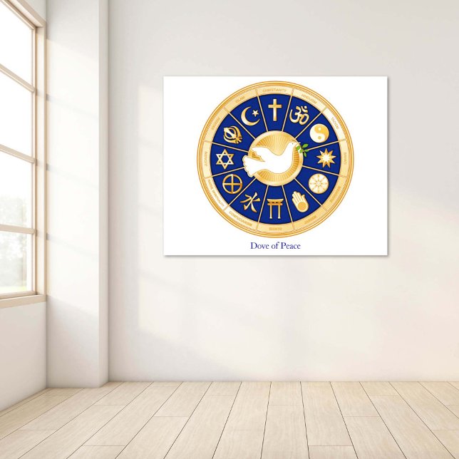 Póster La paloma de la paz (Dove of Peace Poster
Horizontal version with "Dove of Peace" title. Gold icons of world faiths.)