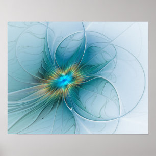 Póster La pequeña flor fractal azul moderna dorada Beauty