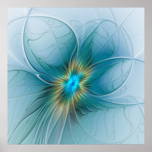 Póster La pequeña flor fractal azul oro moderna belleza