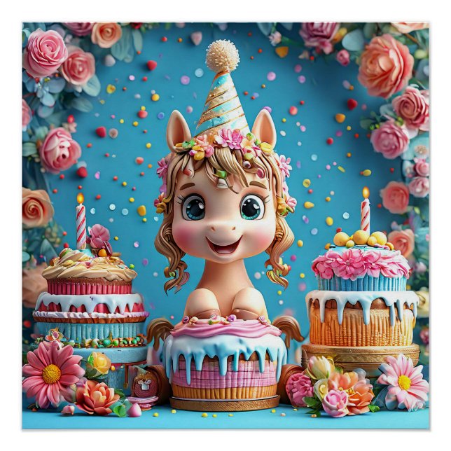 Póster La Personalizado Adorable Pony Celebrando el Cumpl (Anverso)