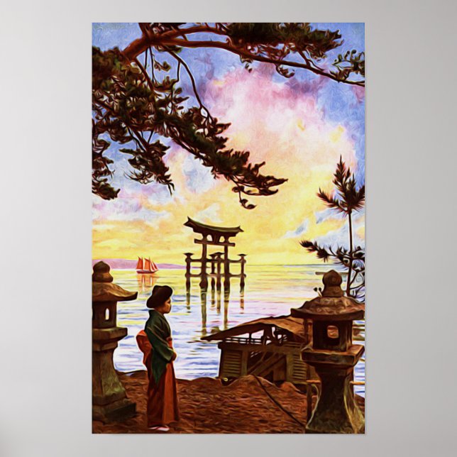 Póster La pintura japonesa oriental brilla en el agua (Frente)