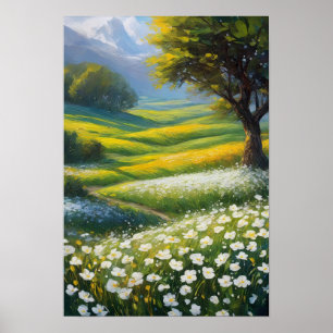 Póster La pradera verde y las flores blancas