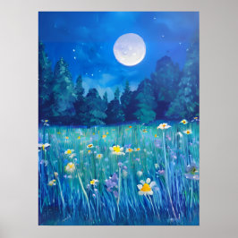 Póster La pradera y el bosque bajo una luna llena