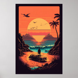 Póster La puesta de sol retro en la playa