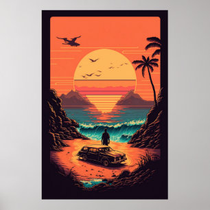 Póster La puesta de sol retro en la playa