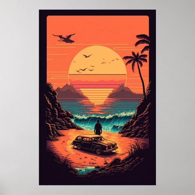 Póster La puesta de sol retro en la playa (Frente)