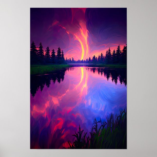 Póster La puesta de sol rosa y morada abraza el lago (Frente)