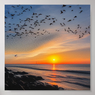 Póster La puesta de sol sobre las rocas